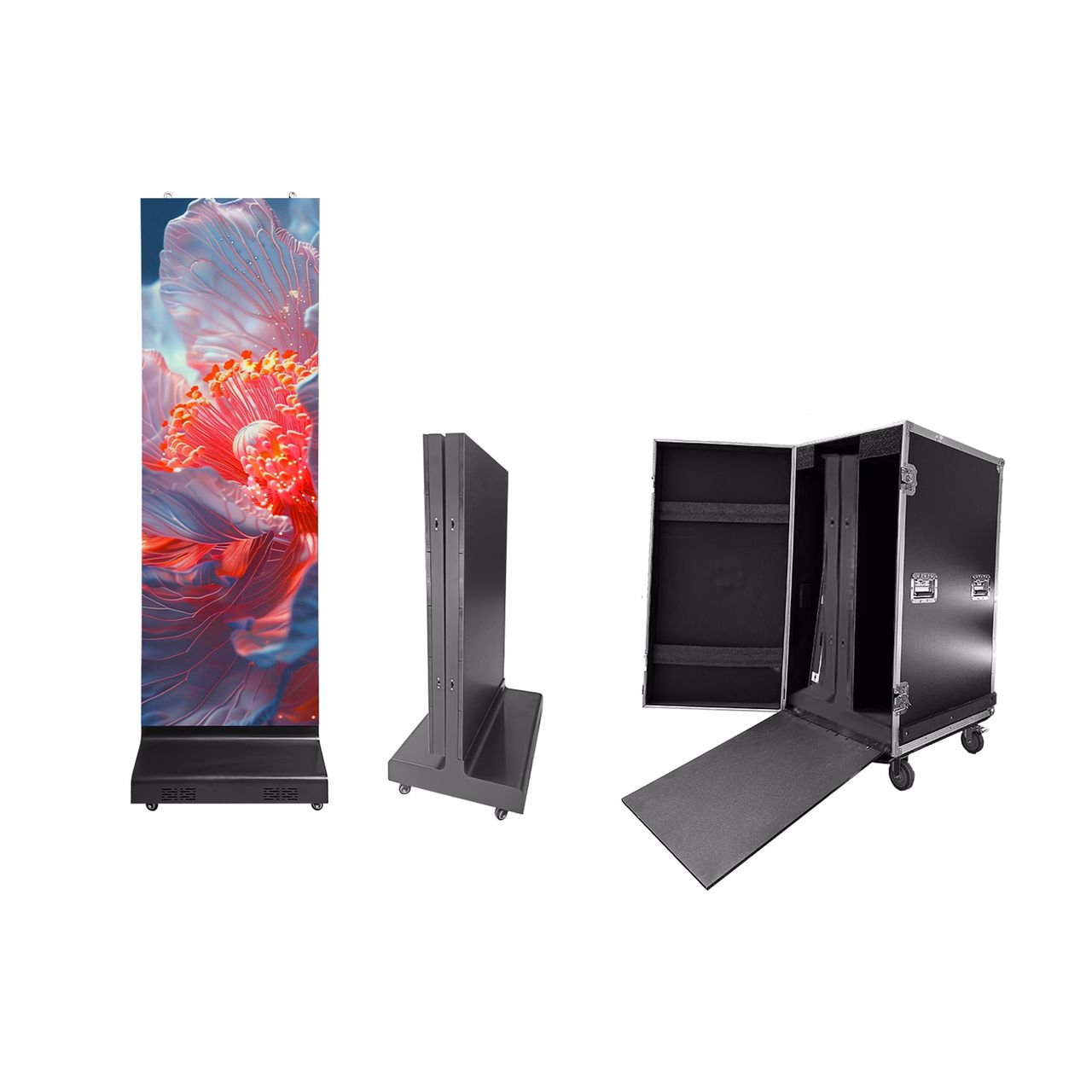 LED poster front and side views beside its protective flight case
