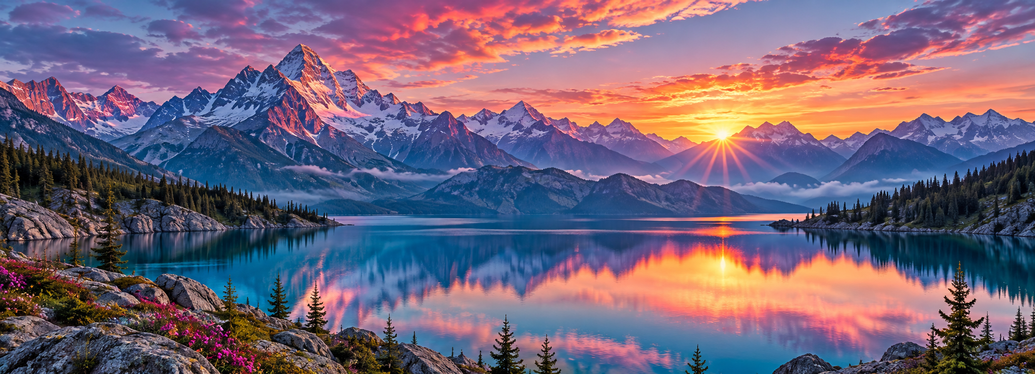 Panoramic mountain and lake artwork spanning a joined LED poster canvas